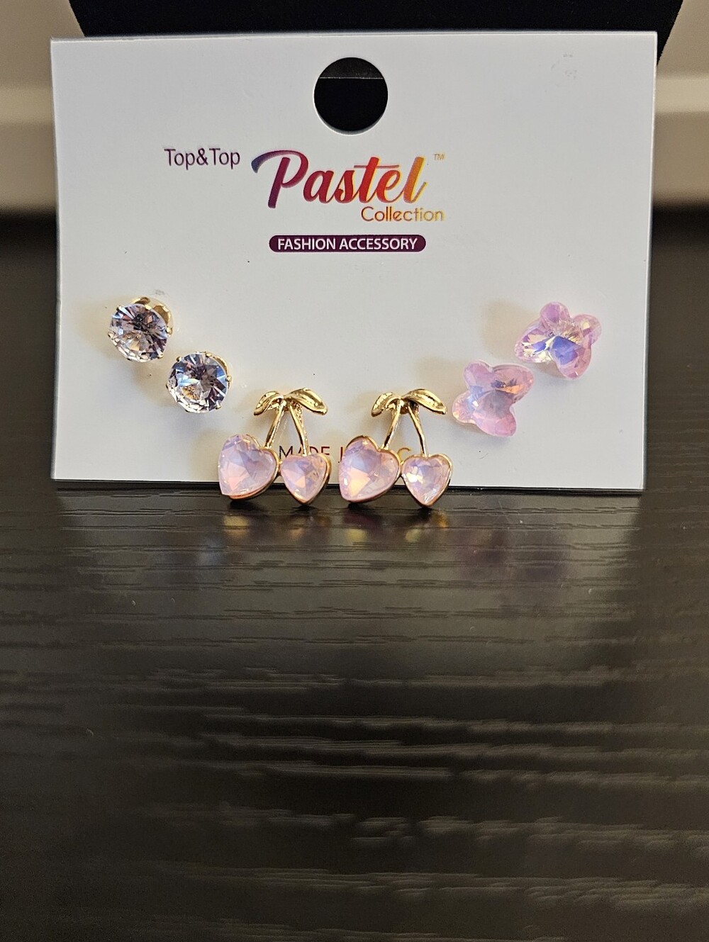 Fashion Jewelry Gold Cherry Heart & Pink Crystal Earring Trio